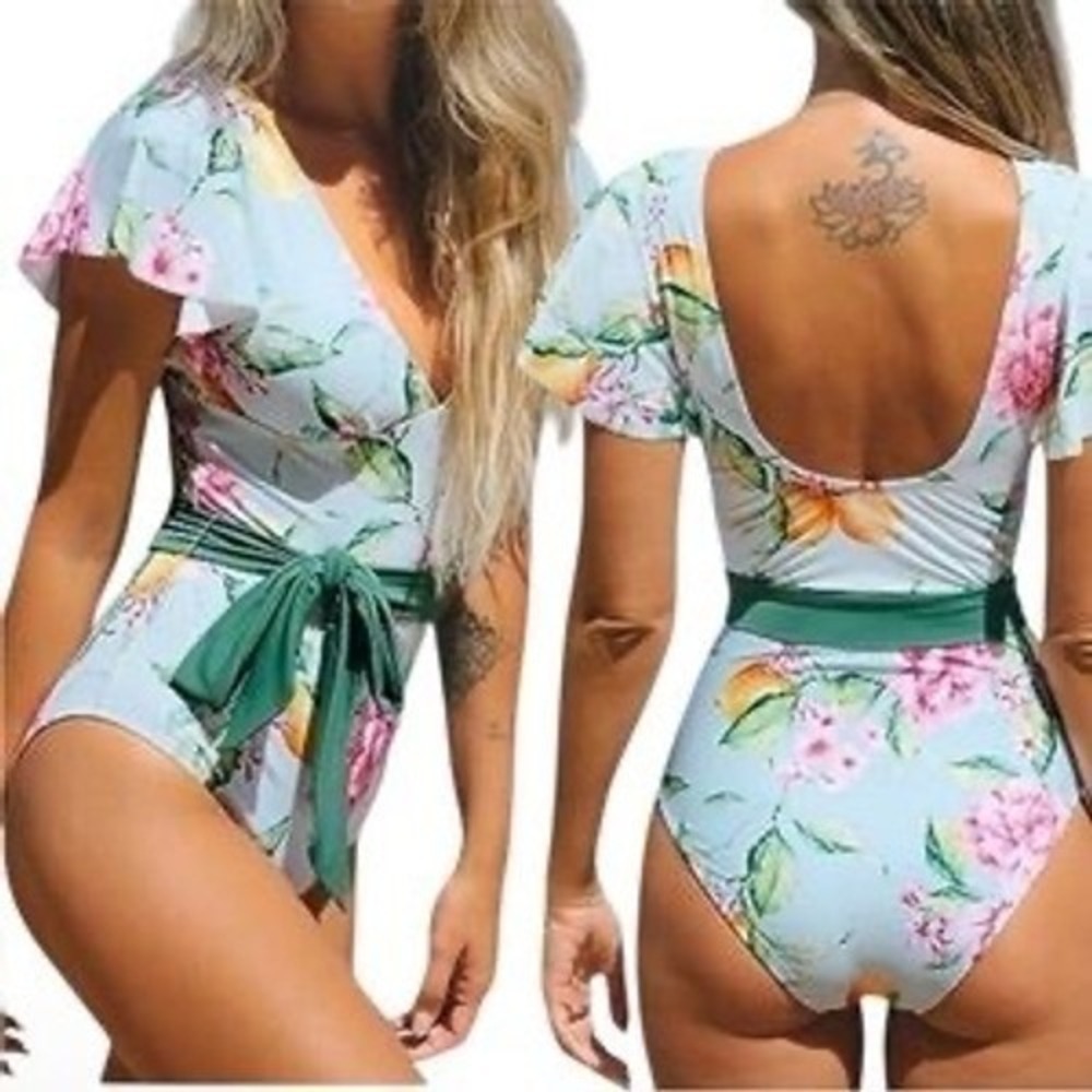 NWT Cupshe Floral Teal Pink Yellow Lemon Green Tie Waist One Piece Swim Medium